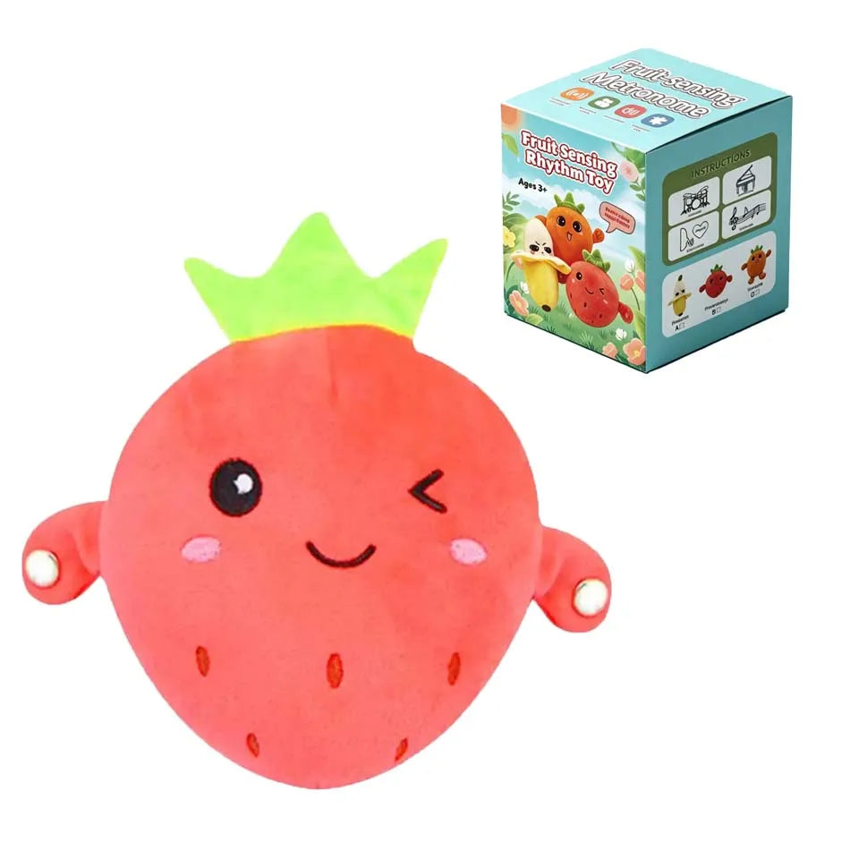 A bright red strawberry shaped plush toy with a green leafy top.