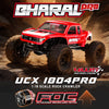 A red 1:18 scale rock crawler RC vehicle featuring a brushless motor and four-wheel steering system.