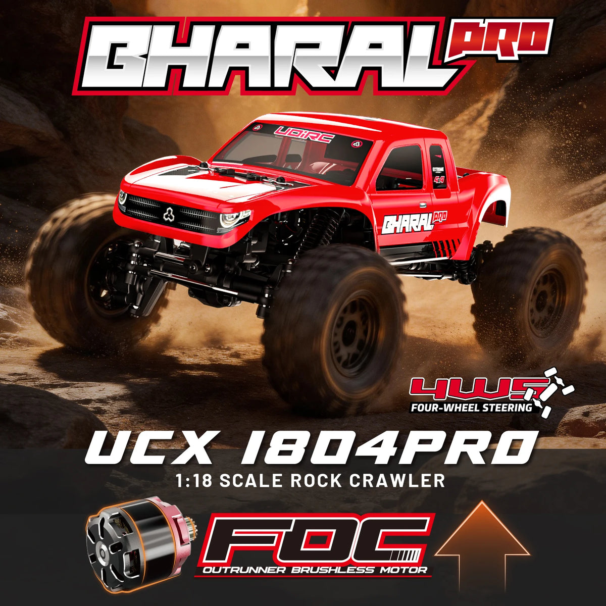 A red 1:18 scale rock crawler RC vehicle featuring a brushless motor and four-wheel steering system.