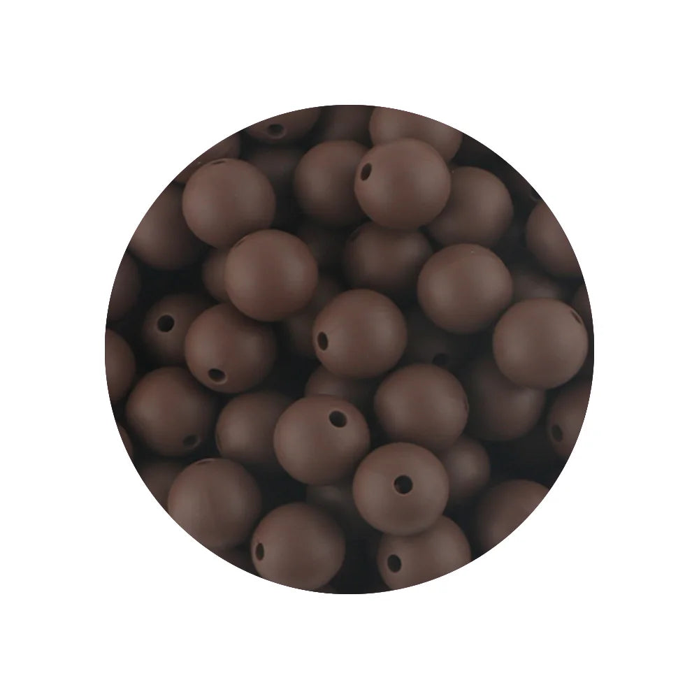 A circular arrangement of 50 silicone beads in various sizes and shades of brown.