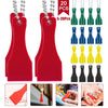 Red plastic lottery scratcher tool keychain with various colored plastic pieces and metal clasps