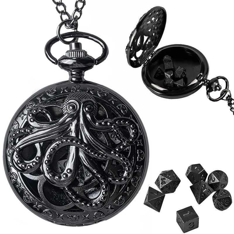 Vintage Metal Polyhedral Dice Set with Pocket Watch Case