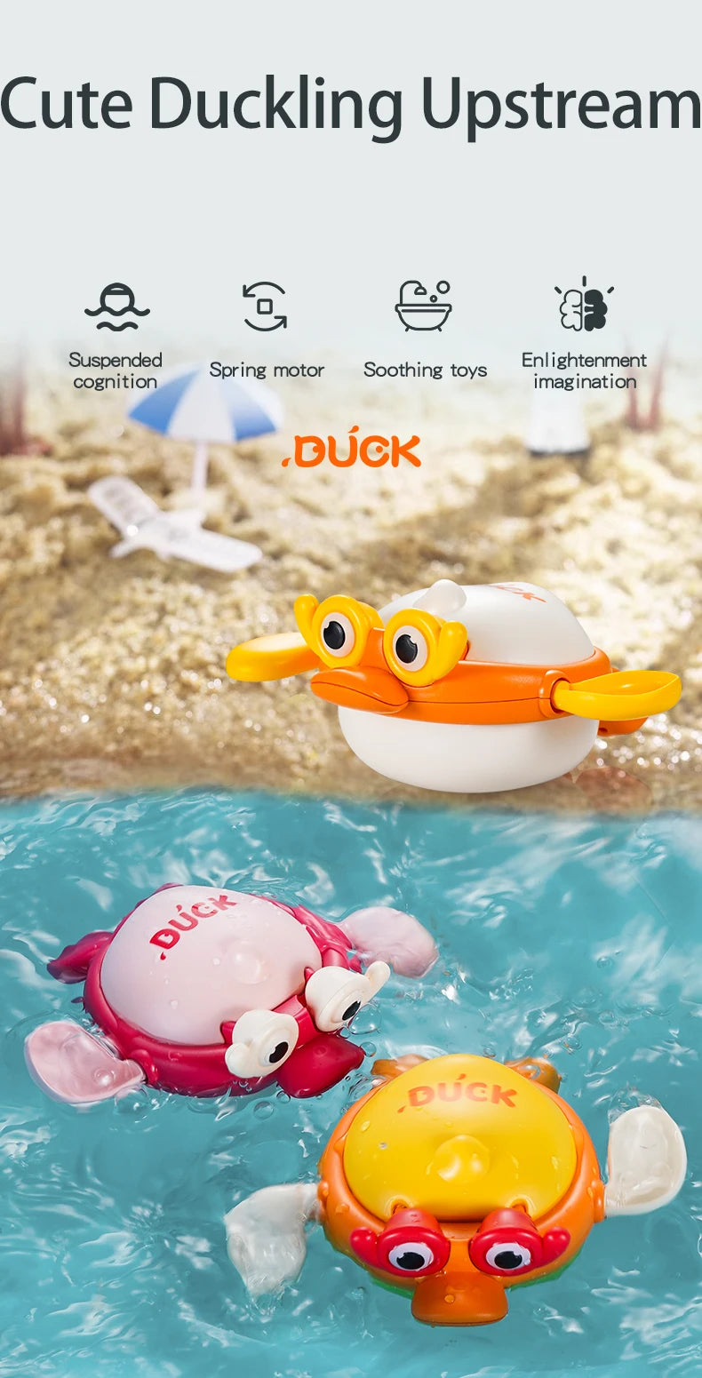 A set of wind-up swimming bath toys featuring ducks and other animals floating in blue water.