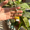 A hand holds a handcrafted crochet animal keychain, resembling a yellow tiger or cat, against a backdrop of green foliage.