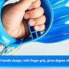 A hand is gripping a bright blue dinosaur claw sand digging toy with a curved handle design.