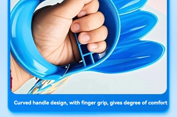 A hand is gripping a bright blue dinosaur claw sand digging toy with a curved handle design.