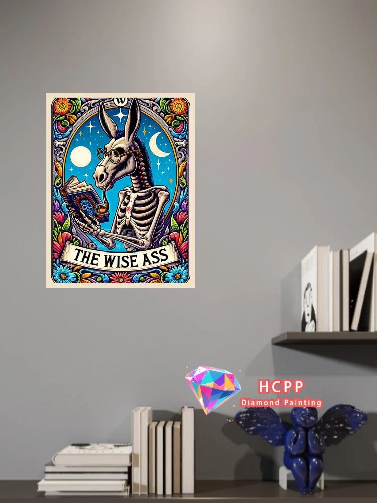 A vertical diamond painting featuring a wise ass skull with celestial elements and floral borders.