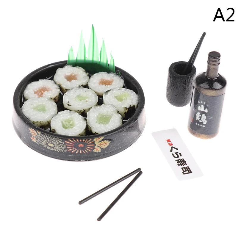 A set of miniature Japanese sushi rolls and a dipping sauce bottle for a dollhouse kitchen display.