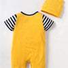A yellow short sleeve romper and matching hat for a baby, featuring black and white stripes on the sleeves.