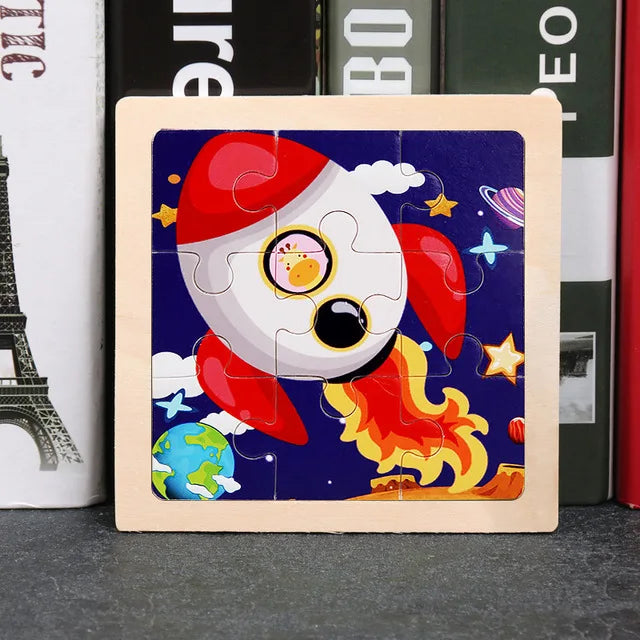 A wooden tangram puzzle featuring a cartoon animal with red ears and yellow tail against a blue background.