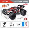 A black and red Conqueror RC monster truck with large tires and LED lights, shown next to accessories and a battery.