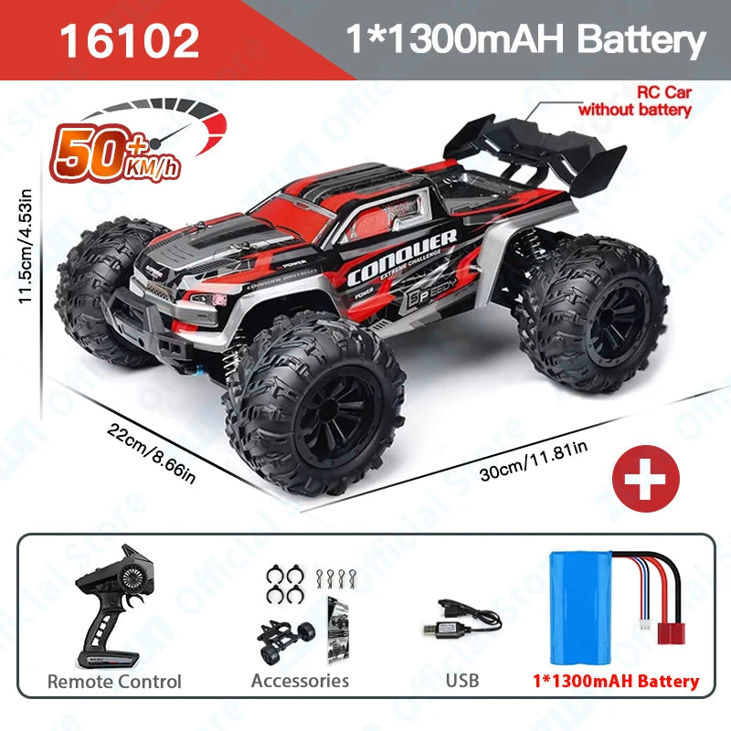 A black and red Conqueror RC monster truck with large tires and LED lights, shown next to accessories and a battery.