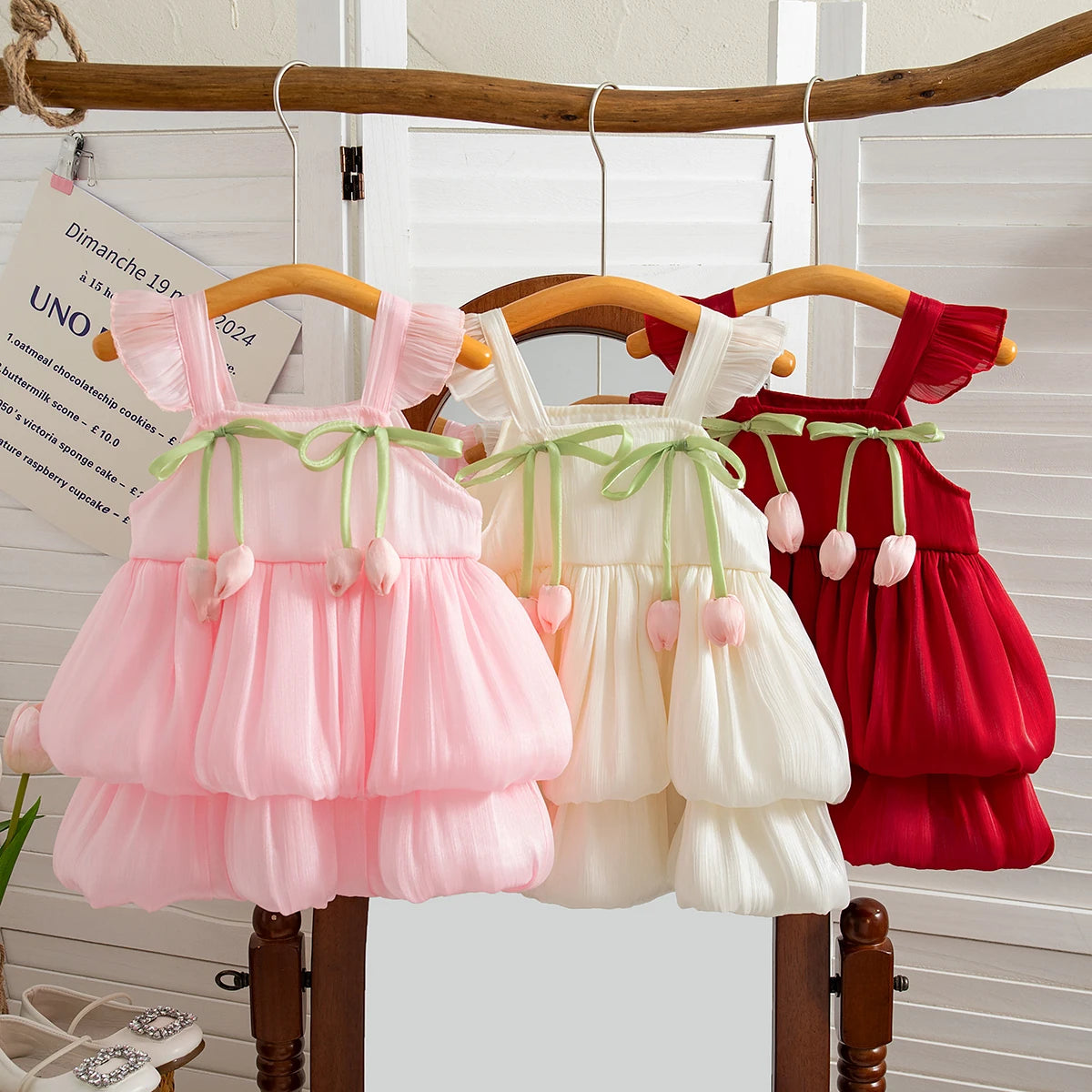 A display of three pink, white, and red sleeveless pleated princess dresses for a baby girl.