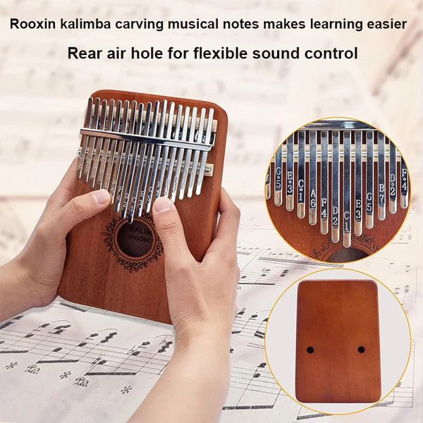A brown kalimba finger piano is shown being held, with an inset showing the sound control air hole.