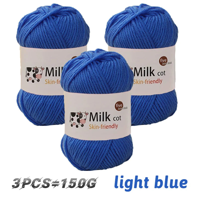 Three skeins of light blue milk cot skin-friendly acrylic yarn for knitting and crochet