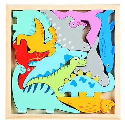 A wooden tangram puzzle board featuring colorful dinosaur shapes in various shades of green, yellow, pink, and gray.