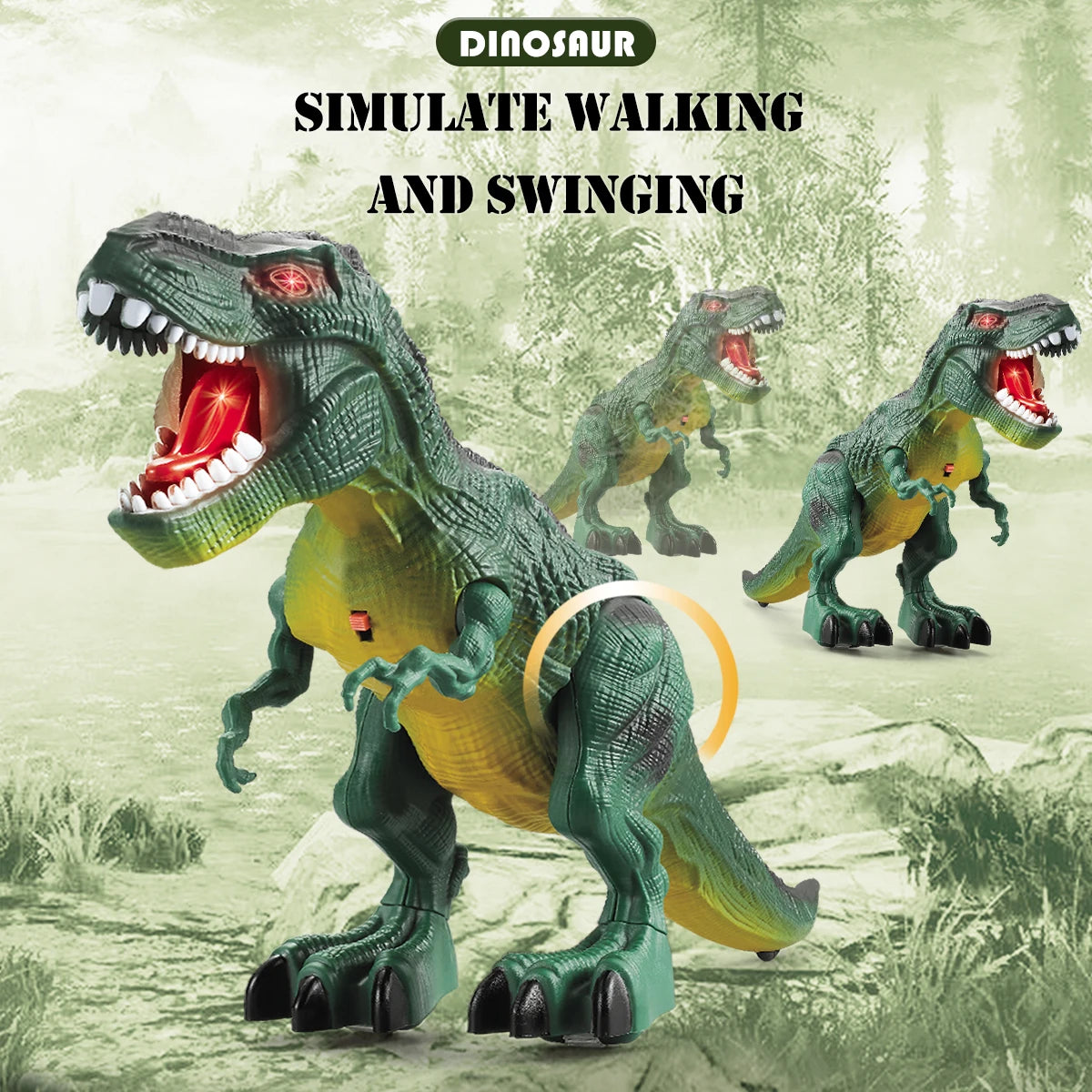 Un jouet robot dinosaure électrique vert marchant et balançant dans un environnement extérieur naturel.