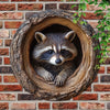 A raccoon is peering out of a natural tree hollow carved into a piece of wood, mounted on a brick wall.