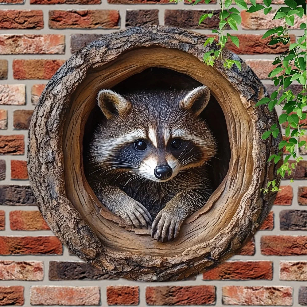 A raccoon is peering out of a natural tree hollow carved into a piece of wood, mounted on a brick wall.