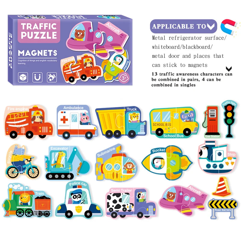 A set of 13 traffic awareness characters made of magnets and wooden shapes for a puzzle game