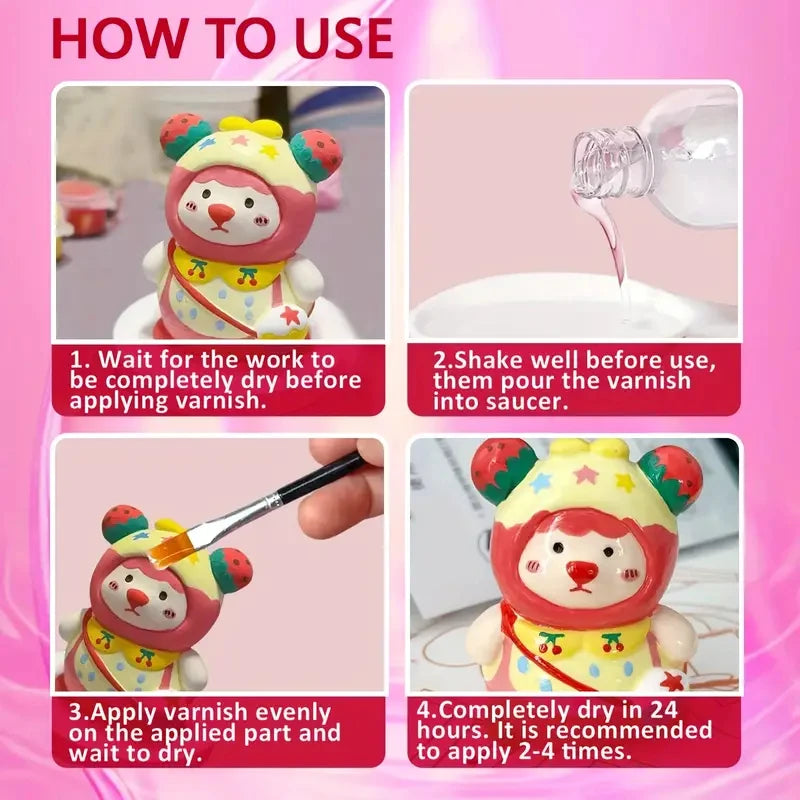 Instructions for using Super Gloss Air-Dry Clay Varnish with Brush, showing steps for application and drying.