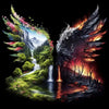 A dramatic landscape featuring a waterfall and winged design with vibrant greens, pinks, and fiery reds against a dark backgr