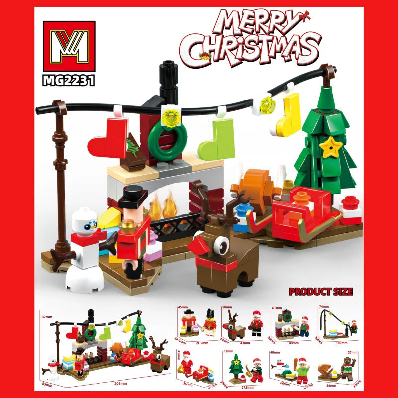 A set of Merry Christmas building blocks featuring a green Christmas tree, red presents, and various festive elements.
