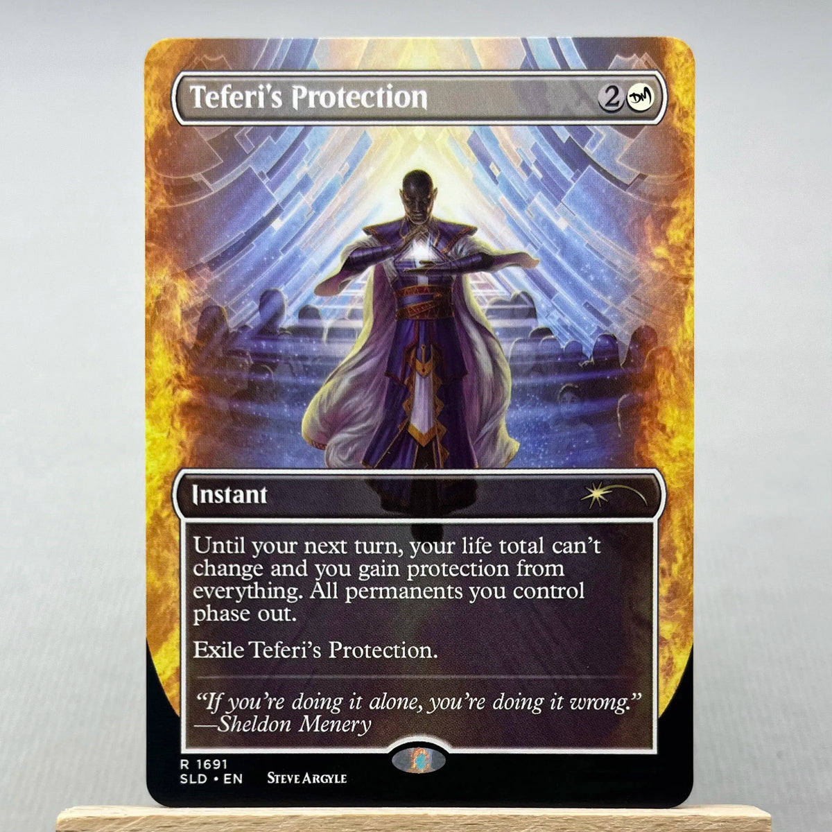 A Magic: The Gathering card named Teferi's Protection showing a figure with glowing light and purple robes against an orange 