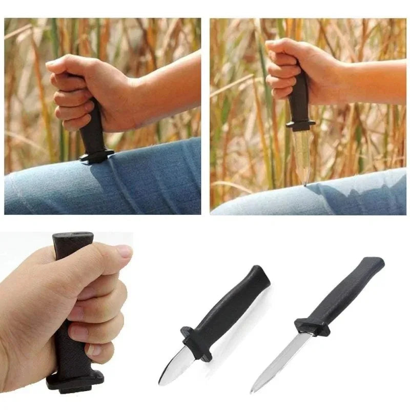 Hands demonstrate the retractable realistic fake knife prank toy, showing its grip and blade.