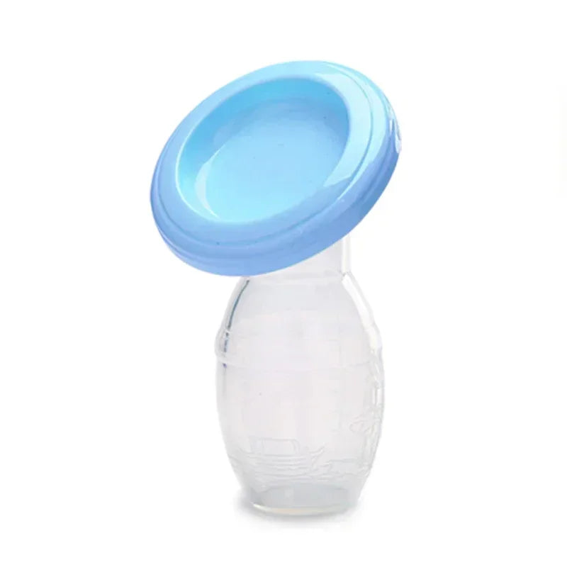 A clear manual breast pump bottle with a light blue silicone cap.