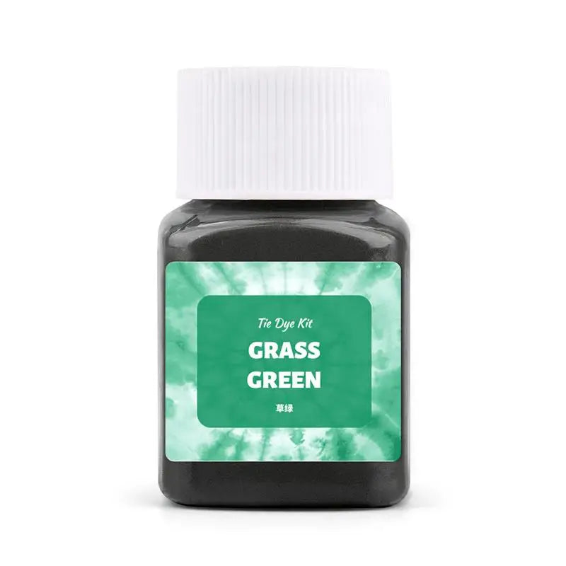 A small glass bottle of grass green textile fabric dye powder with a white cap.