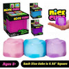 A set of pink and purple squishy ice cubes for stress relief toys with a hand demonstrating the product.