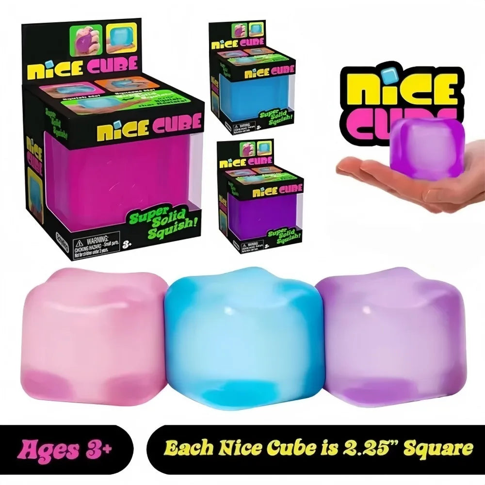A set of pink and purple squishy ice cubes for stress relief toys with a hand demonstrating the product.
