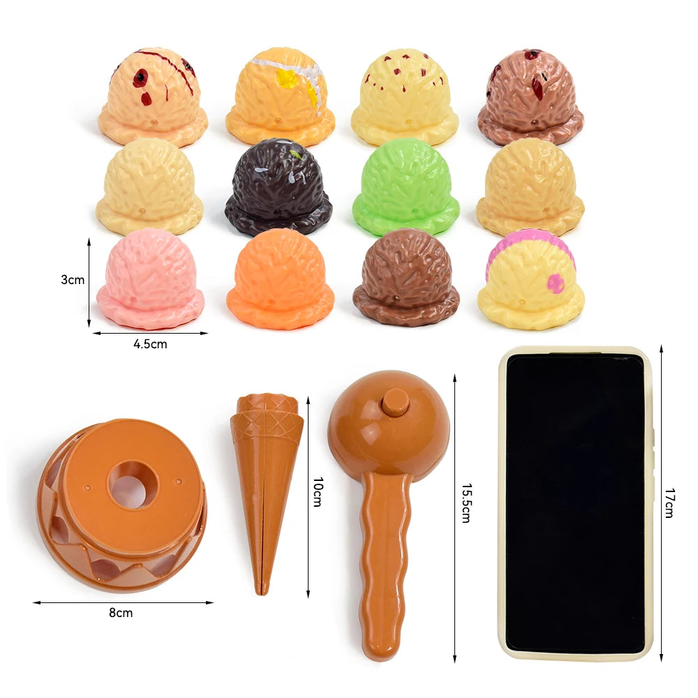 A set of eleven pretend play ice cream stacking toys in various colors and flavors, along with a large orange ice cream cone 