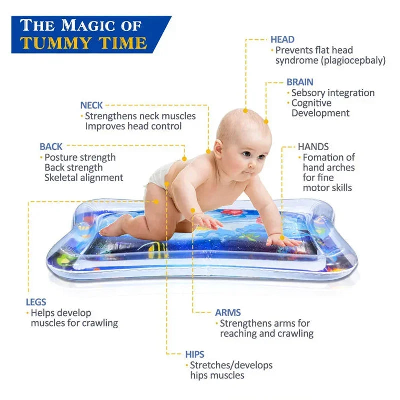 An inflatable baby water play mat used for tummy time exercises, showing various muscle development benefits.