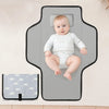 A portable diaper changing pad with a baby sitting on it, showing convenience, three layers, waterproof features, and safety.