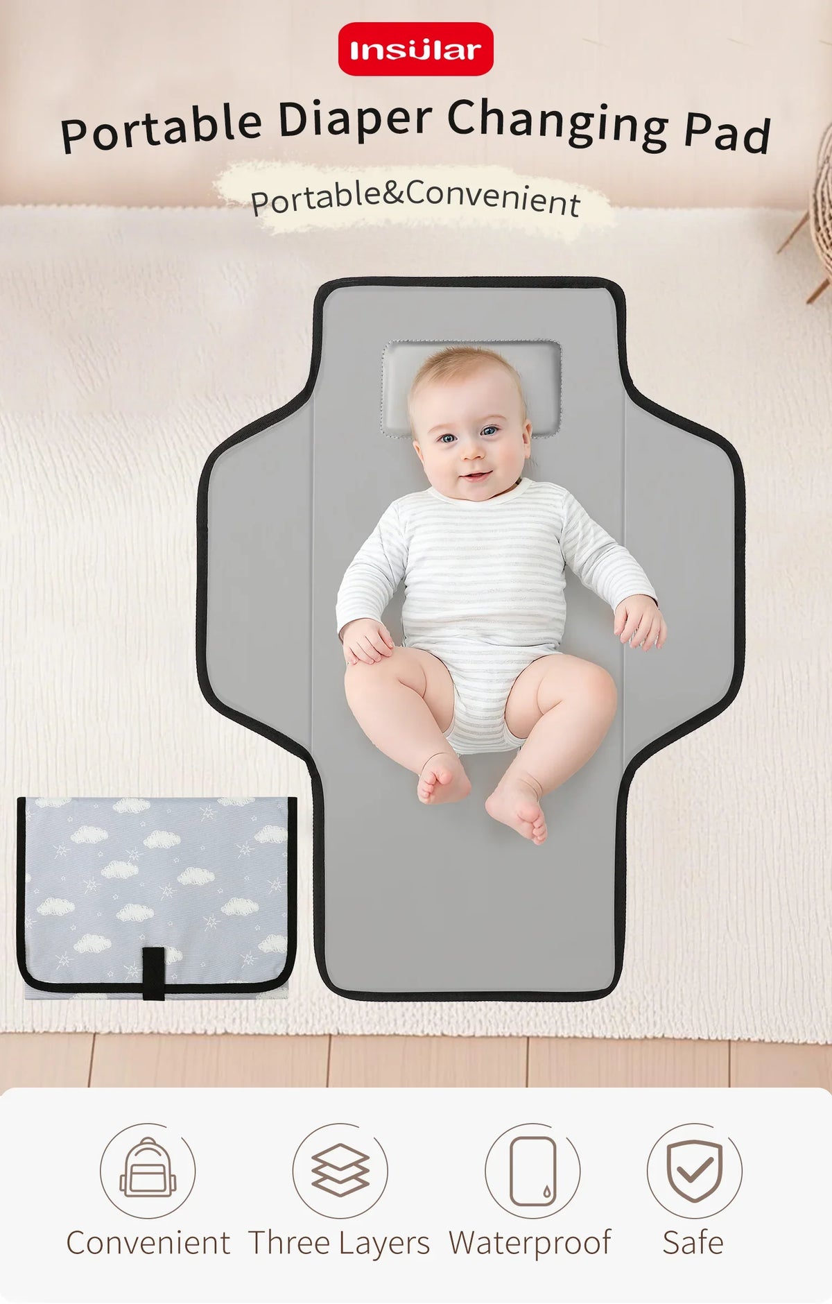 A portable diaper changing pad with a baby sitting on it, showing convenience, three layers, waterproof features, and safety.