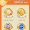 A yellow egg-shaped toy with a smiling face is shown next to various blind boxes demonstrating different surprise styles and 