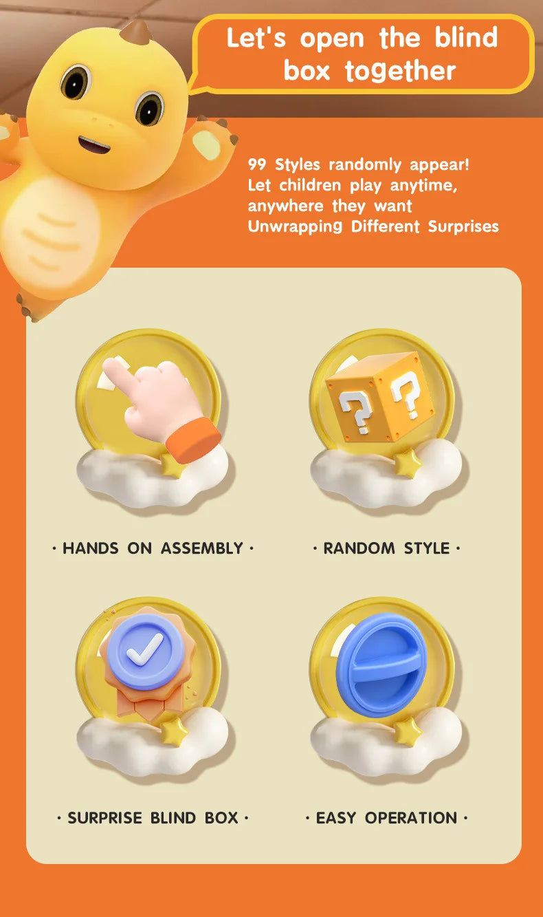 A yellow egg-shaped toy with a smiling face is shown next to various blind boxes demonstrating different surprise styles and 