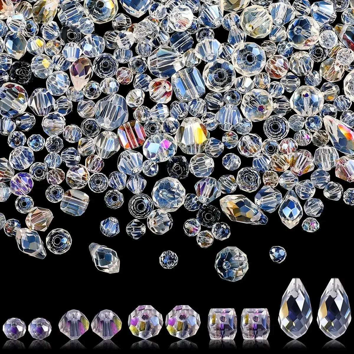 A collection of 300 crystal glass beads in various mixed shapes and sizes with an AB finish.
