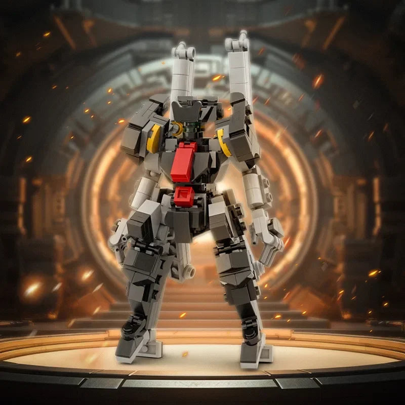 A detailed model of an exoskeleton combat robot built from gray and white building blocks, displayed in a circular spotlight.