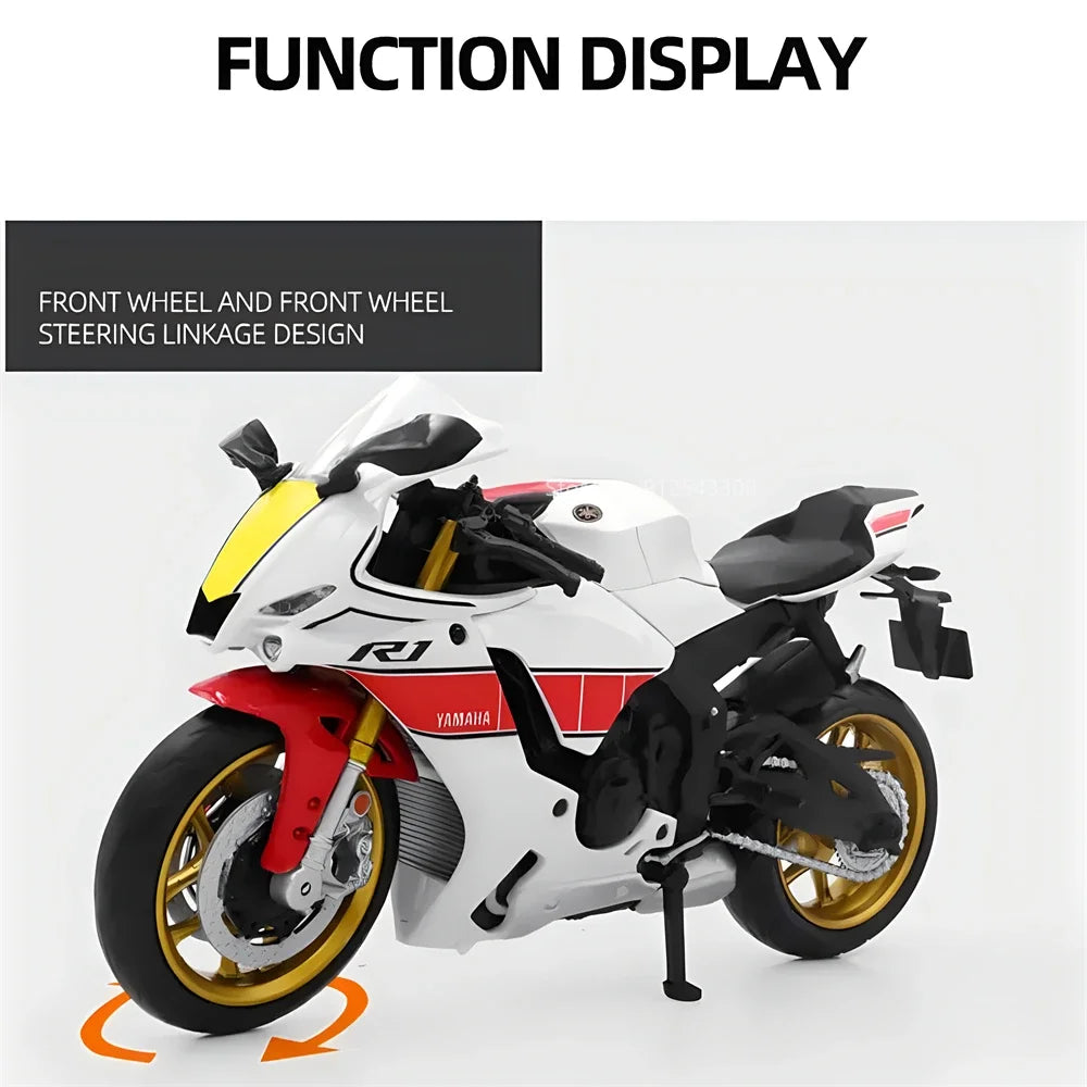 Front wheel and steering linkage design of a white Yamaha motorcycle model.