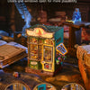 A wooden puzzle miniature house with open doors and windows, showing various decorative elements for dollhouse display.