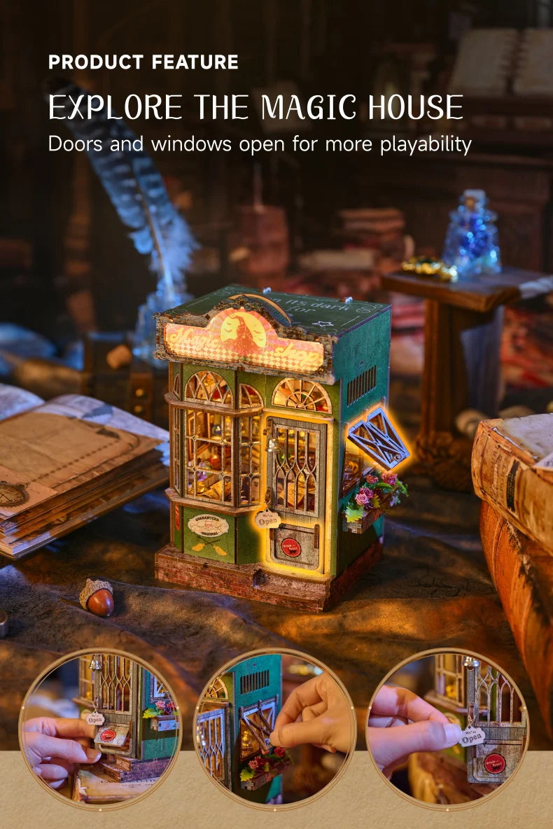 A wooden puzzle miniature house with open doors and windows, showing various decorative elements for dollhouse display.