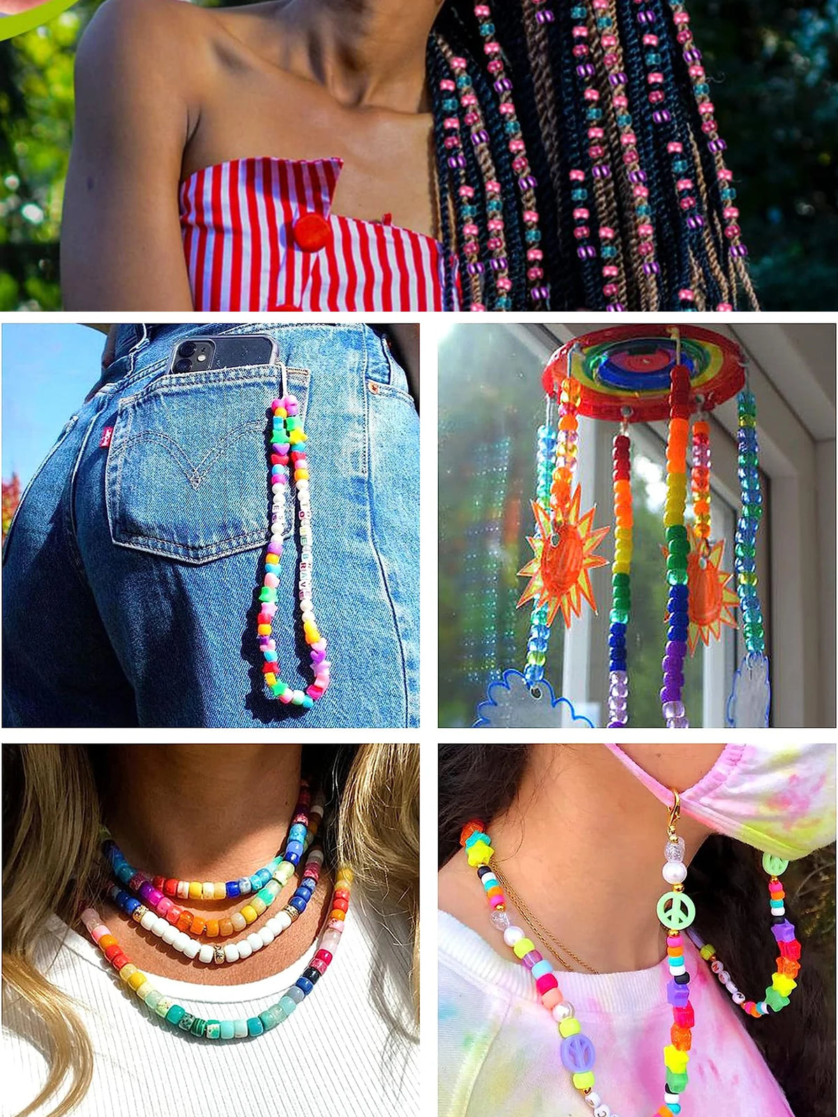 A collection of colorful pony beads, letter beads, and elastic cords displayed on a white background.