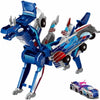 A blue and silver transforming dinosaur car toy in a dynamic pose.