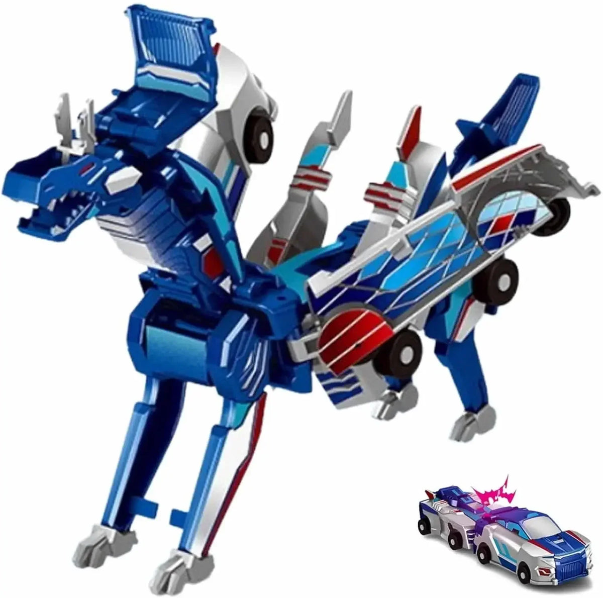 A blue and silver transforming dinosaur car toy in a dynamic pose.