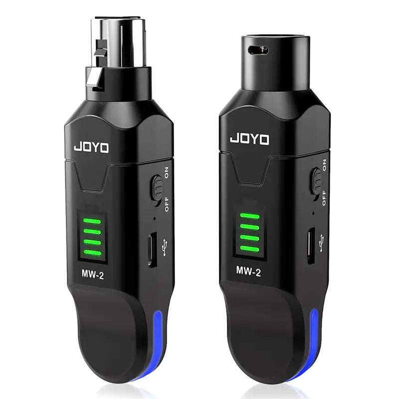 A pair of black professional wireless microphone systems with XLR transmitters and receivers shown side by side.