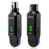 A pair of black professional wireless microphone systems with XLR transmitters and receivers.