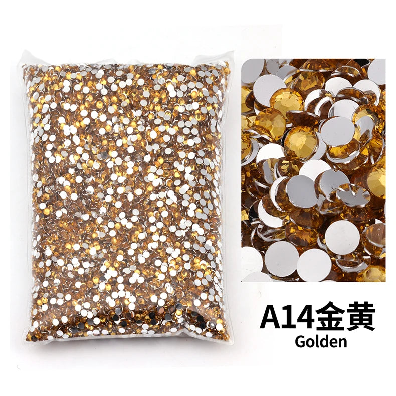 Bag of A14 Golden flat-back resin rhinestones for DIY craft and nail art